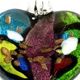 5 pc pack of glass foil abstract heart pendants. 40mm x 45mm